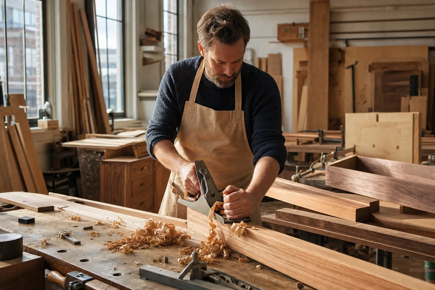 A joiner planing a length of timber at a workshop bench